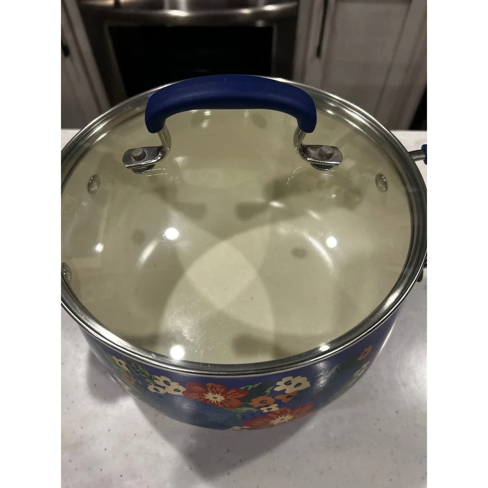 The Pioneer Woman Blue Floral Enamel Aluminum Stockpot with Glass Lid 3012TBT